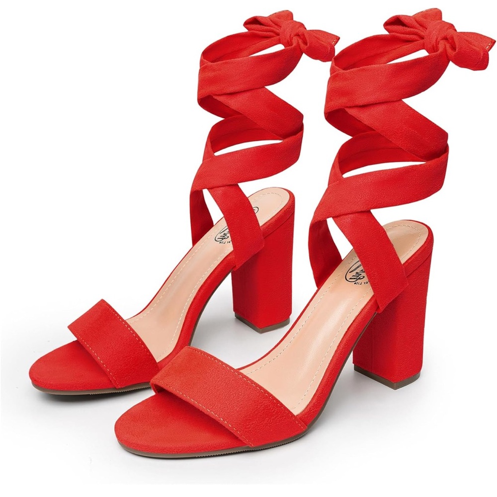 Trary Red Block Red Lace Up Heels